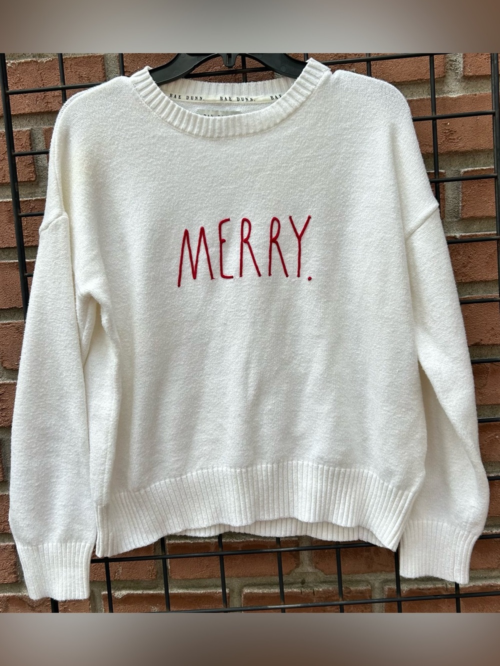 Rae Dunn Cream Crewneck Sweater with Red "MERRY." Embroidery